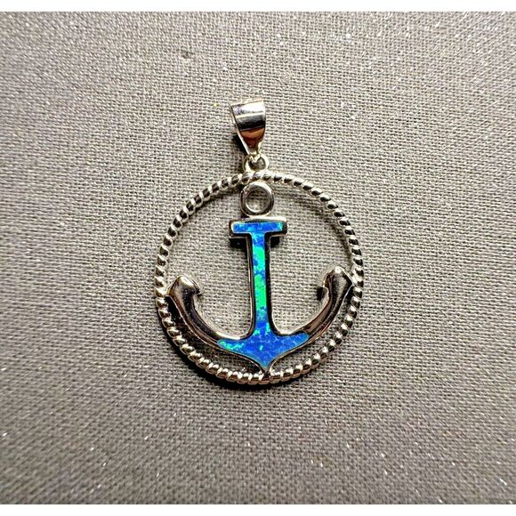 Blue Lab Opal Anchor Pendant 925 Silver Naval Retirement or Cruise Vacation Gift - Picture 3 of 6